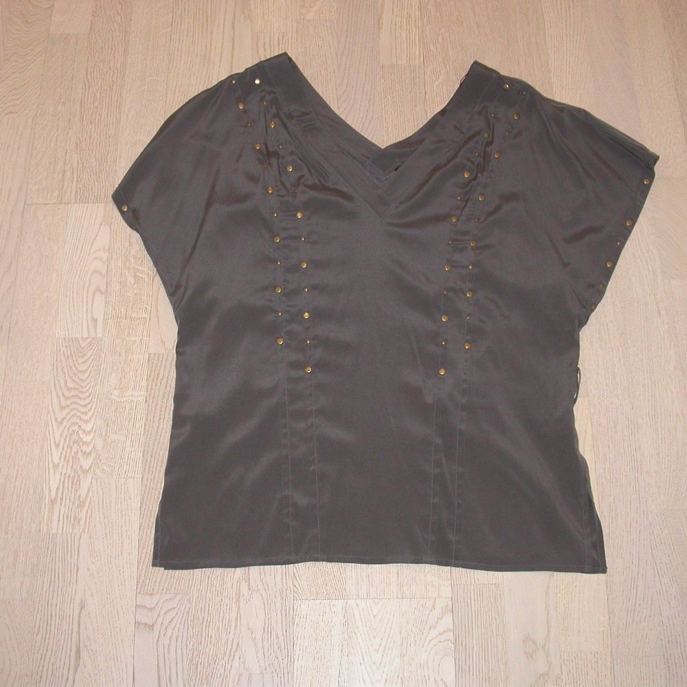 Taupe 92% Silk Blouse with Brass Studs